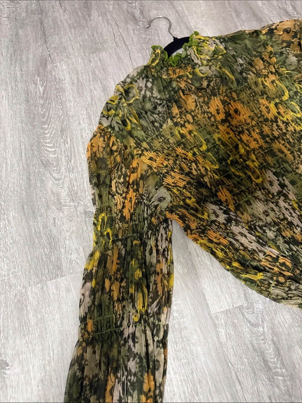 Free People Olive & Mustard Sheer Ruffle-Neck Floral Blouse